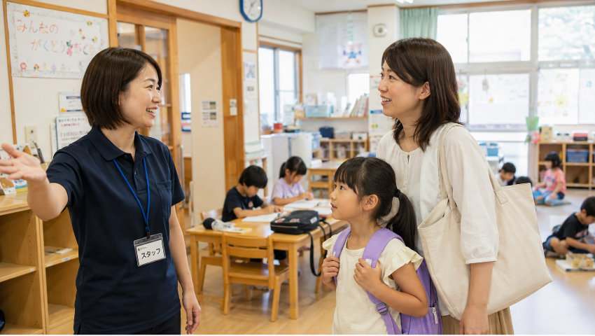 学童を見学する親子