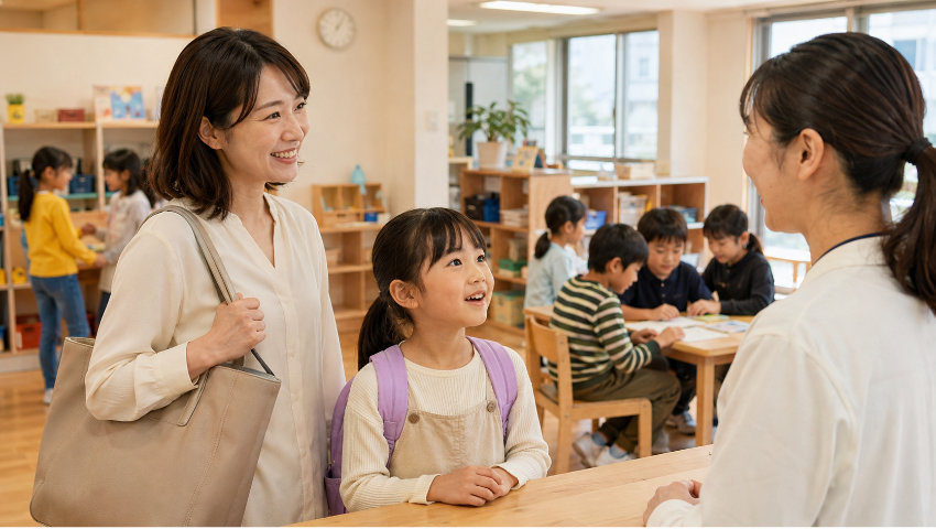 学童を見学する親子
