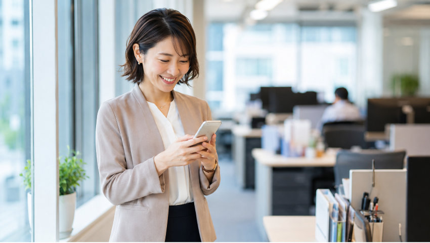 スマホを見て微笑む母親