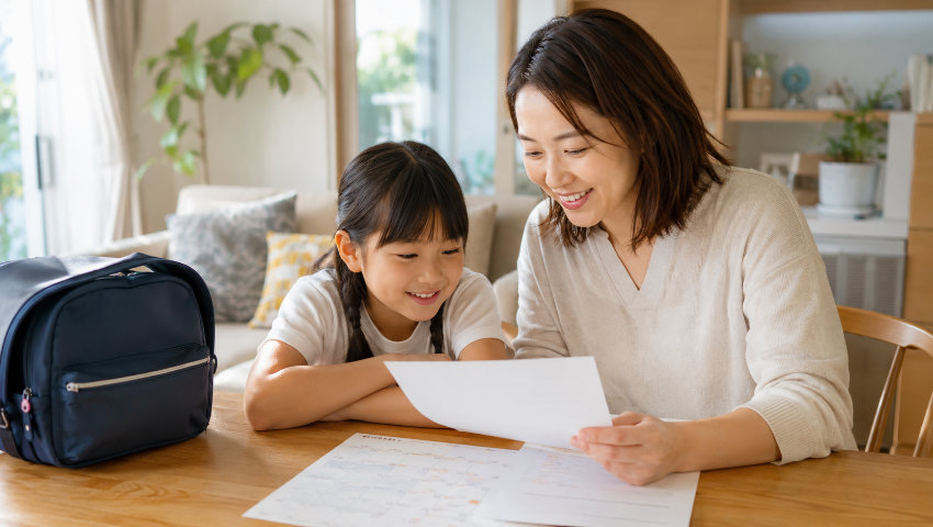 笑顔で書類を見る親子